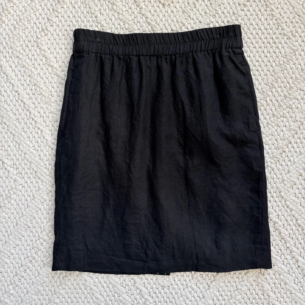 J CREW Black Linen Sidewalk Skirt Elastic Waist Pull On Womens SMALL EUC
